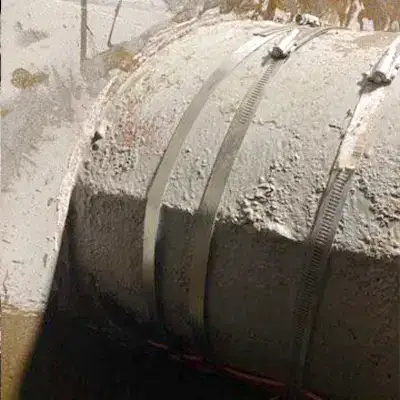 A temporary repair applied to a leaking steel pipe