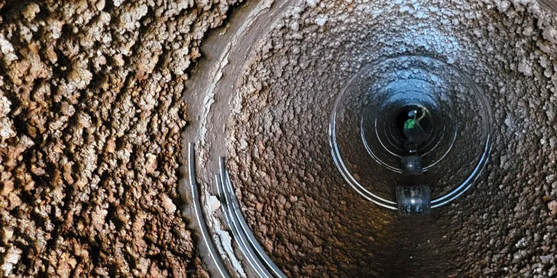 HydraTite seal materials sitting on the invert of a pipe that has heavy mineral buildup on the interior wall