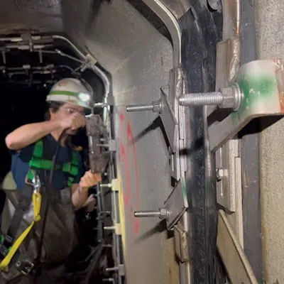 A technician expanding a retaining band in a HydraTite seal installation