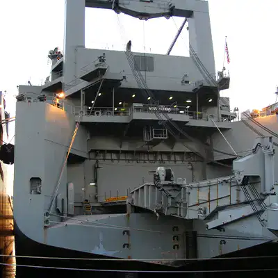 Looking up at a large boat