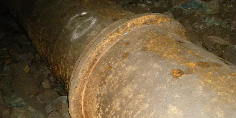 An old cast iron supply line with visible corrosion