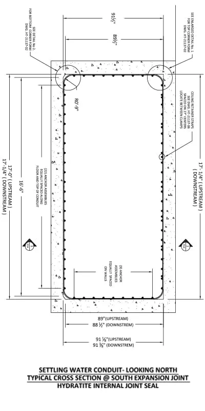 A technical drawing of a box-shaped culvert that has had a joint sealed with HydraTite