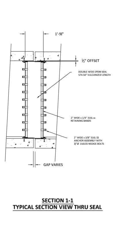 A technical drawing of a box-shaped culvert that has had a joint sealed with HydraTite