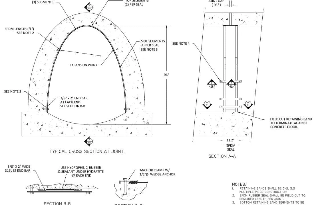 Technical drawings of an irregularly-shaped tunnel