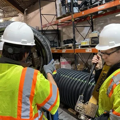 Two technicians installing HydraTite in a demo pipe