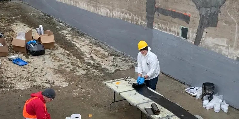 Technicians working to apply HydraWrap to the concrete walls of a hydraulic jumps
