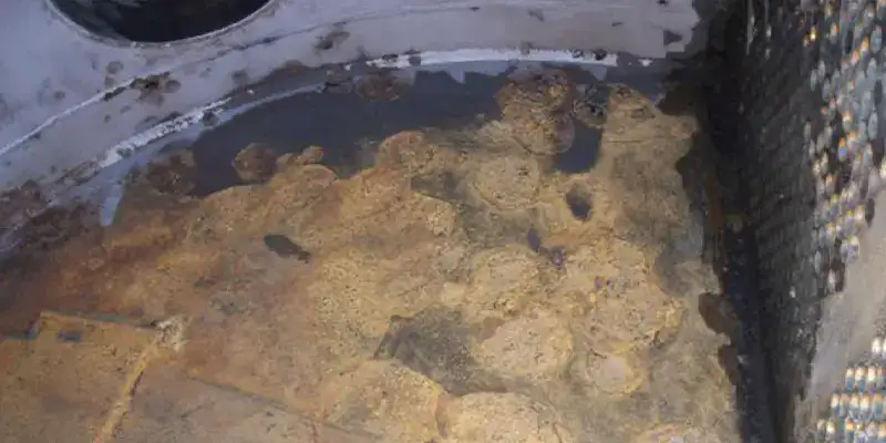 The base of a condenser water box that has been ground clean