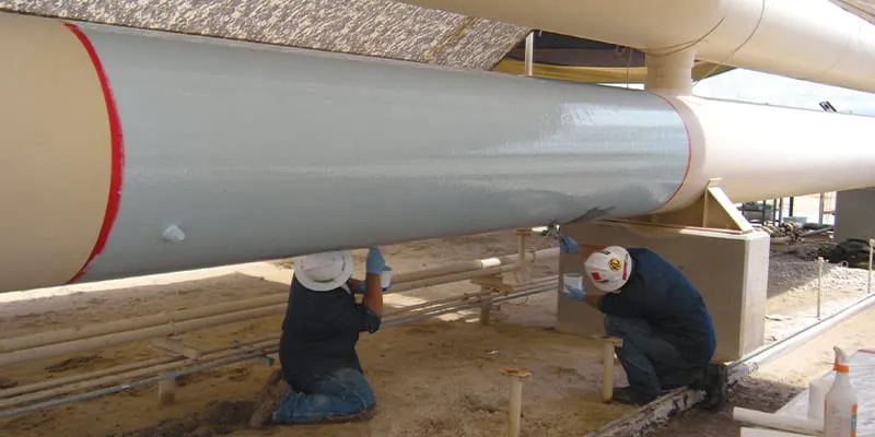 Two technicians applying epoxy to a 36-inch surge vessel at a natural gas facility