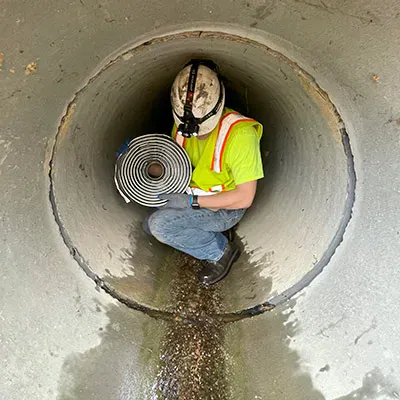 A technician inside a circular concrete pipe preparing to insert rubber filler into the joint