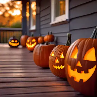 A row of pumpkins sitting on a porch