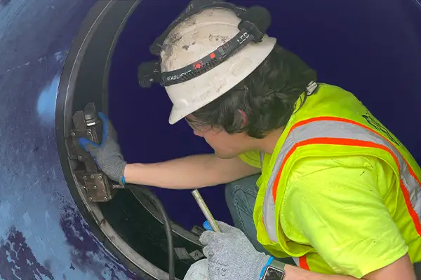 A technician using a hydraulic expander to install HydraTite over a joint in a concrete pipe