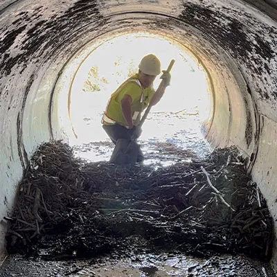 A technician digging out debris from a culvert