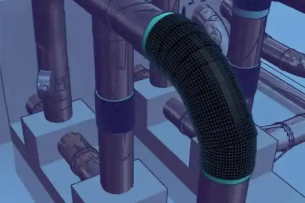 A 3d rendering of various pipes and sections of those pipes wrapped in HydraWrap
