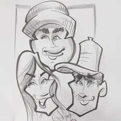 A cartoon sketch of Will, Jennifer and Caleb