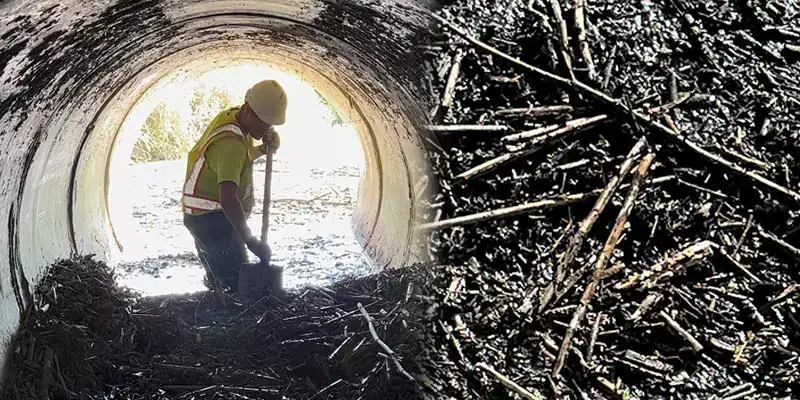 Two images fading together, one of an employee digging out debris. A close up of the debris