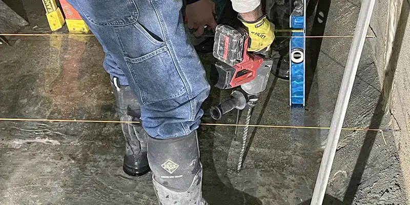 Holes being drilled into the interior of a box-culvert wall in preparation of HydraTite the internal pipe joint seal installation