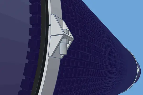 A 3d rendering of a pipe that has had its exterior wrapped in a fiber fabric repair system and external clamps locking that repair in place
