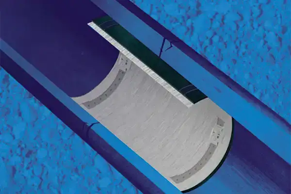 A rendering of HydraLock installed inside of a pipe preventing leaks at a compromised point