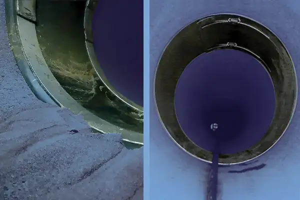 Two images, one of HydraTite and the other of HydraLock, both installed inside pipes to prevent leaks
