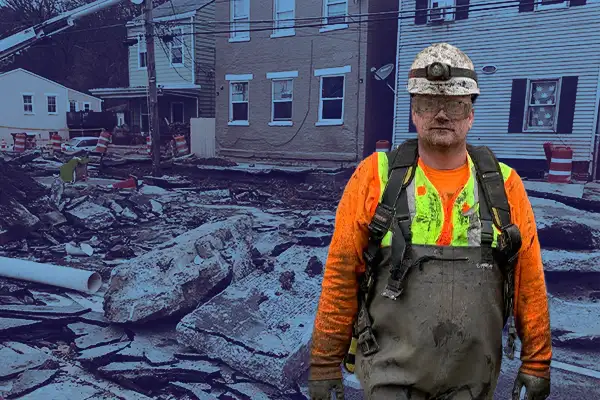A field crew member standing in front of a severely damaged road that has been torn apart by a sinkhole and the restoration efforts