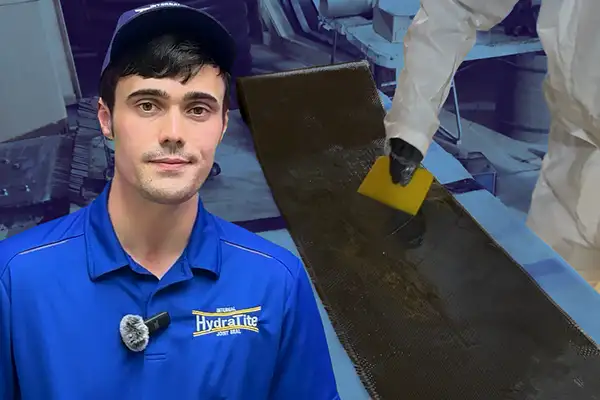 Caleb in front of carbon fiber fabric being saturated with wet-out resin