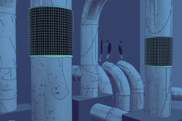A simple 3d rendering of various pipes, two portions of the pipe wrapped with HydraWrap, the structural composite repair system