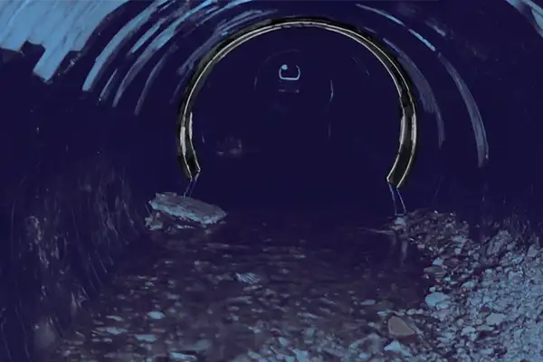 A HydraTite seal preventing leaks at a joint inside a pipe. Debris and rock cluttering the invert of a pipe.