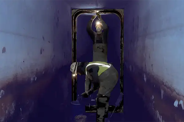Two people installing HydraTite in a box-shaped culvert