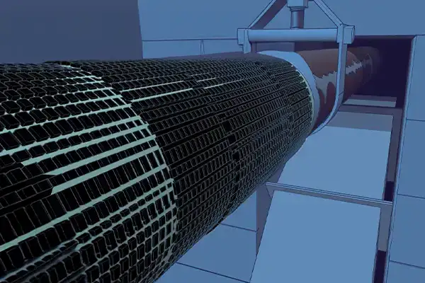 A 3d rendering of a long rusty pipe rehabilitated with HydraWrap
