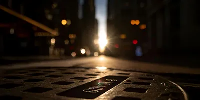 A low shot of a sewer lid in the road