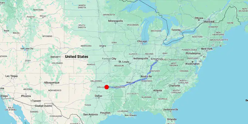 A map showing the route Caleb took driving to Oklahoma