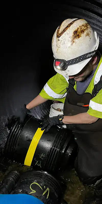 A technician opening a rubber seal as part of a HydraTite seal installation