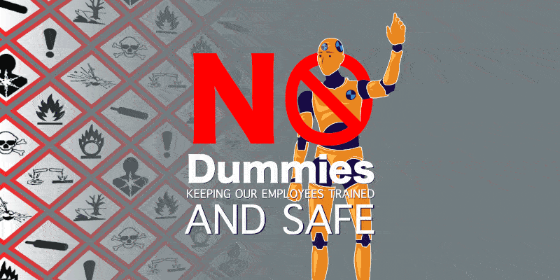 A cartoon test dummy waving