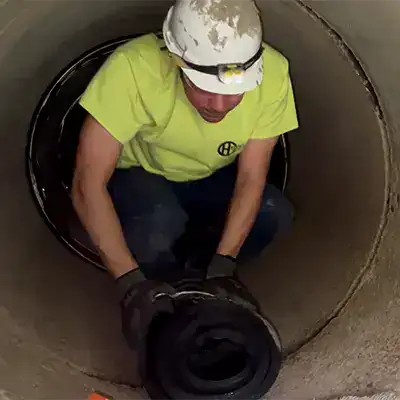 A technician in a concrete pipe positioning the rubber of a HydraTite seal over a joint inside a pipe