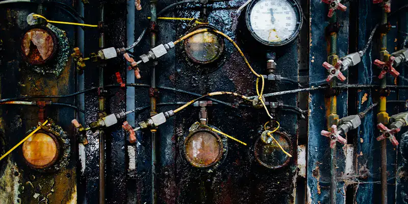 A wall of gauges and pipes