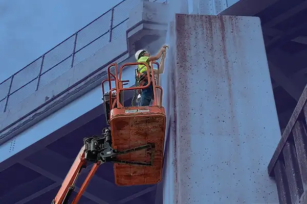 A person on a lift grinding the surface clean of a concrete bridge support