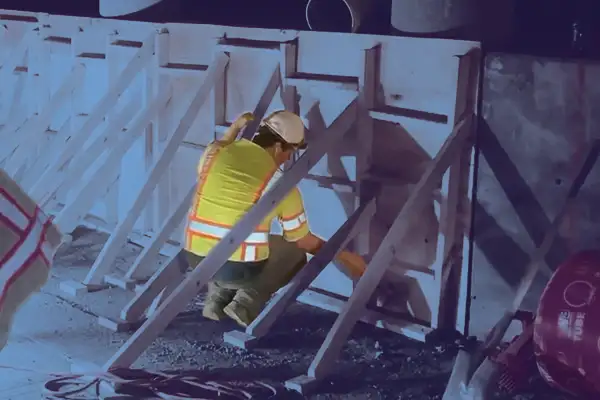 A man adjusting a wall form to better create a concrete crash wall under a bridge