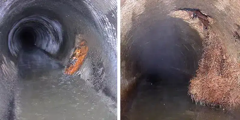 Two images of root intrusion inside a pipe