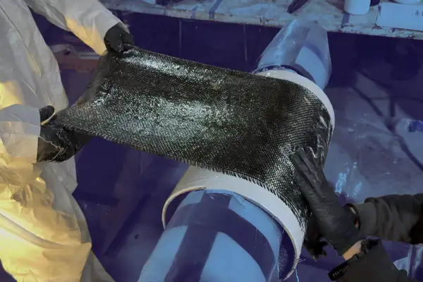 Two people slowly applying HydraWrap to the exterior of a test pipe