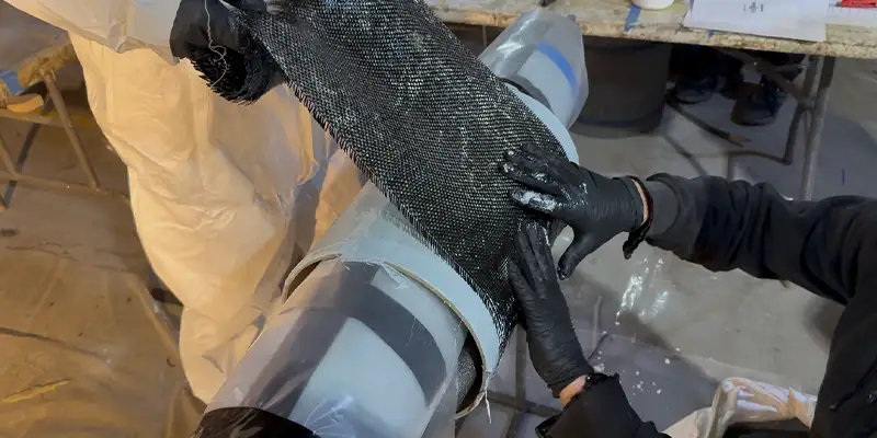 Two people applying HydraWrap to the exterior of a cardboard test pipe