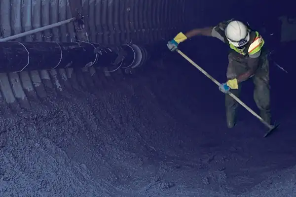 A field services crew member spreading concrete over an invert of a corrugated metal pipe