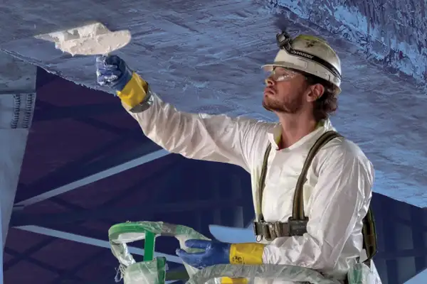A field services crew member wearing tyvek and applying epoxy to the underside of a bridge