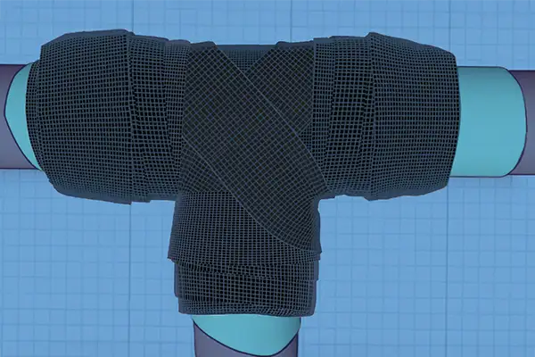 A 3d rendering of a tee fitting pipe wrapped in HydraWrap as a repair