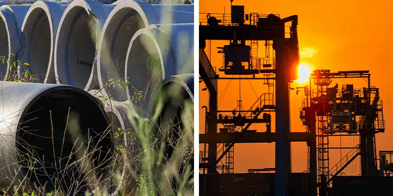 Two images showing concrete pipe and an industrial setting with the sun setting in the distance