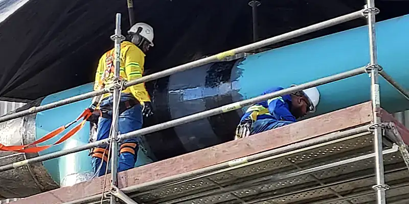 Two technicians applying HydraWrap to the exterior of a pipe