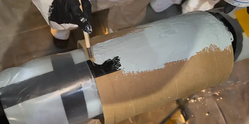 Epoxy being brushed onto a test cardboard pipe