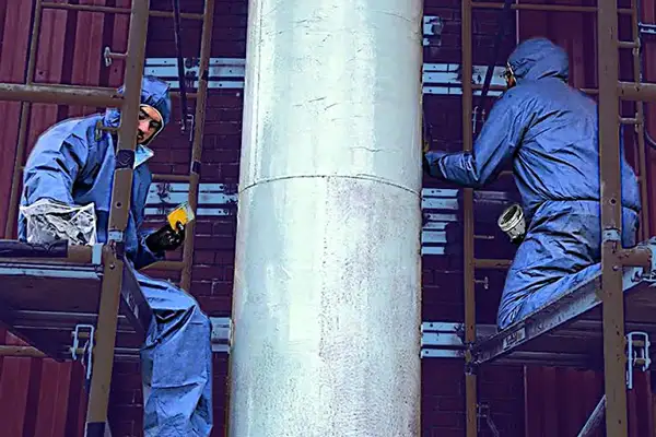 Two technicians in tyvek applying epoxy to the exterior of a vertical digester pipe