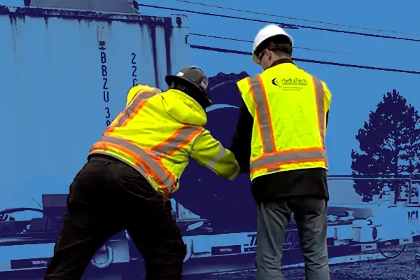 Two people working on a HydraTite demo installation on a section of pipe above ground