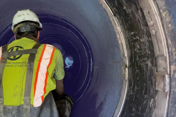 A technician sitting in a pipe that has had its joints sealed with HydraTite