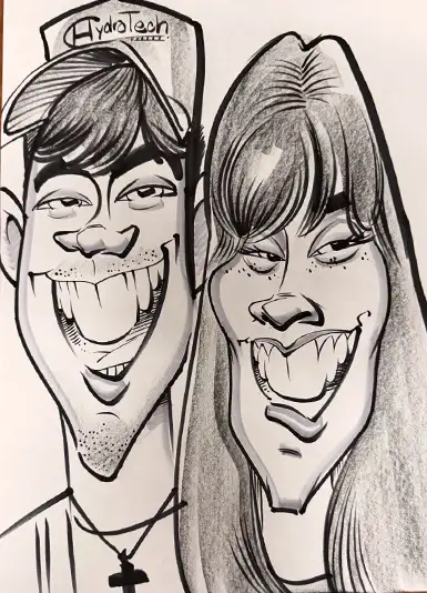 A cartoon sketch of Caleb and Jennifer